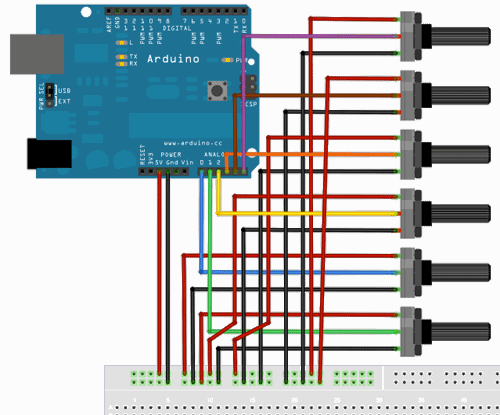 Arduino і 6 потенціометров
