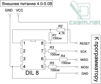 Схема платы для программирования микроконтроллера Attiny13