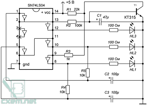 Схема бегущих огней на микросхеме SN74LS04 (К555ЛН1)