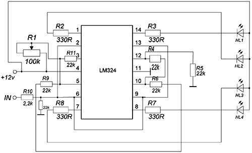 Индикатор уровня аудио сигнала на одной LM324