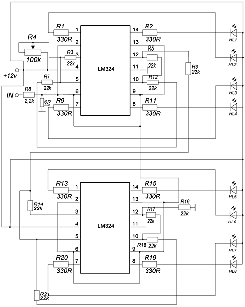 Индикатор уровня аудио сигнала на двух LM324